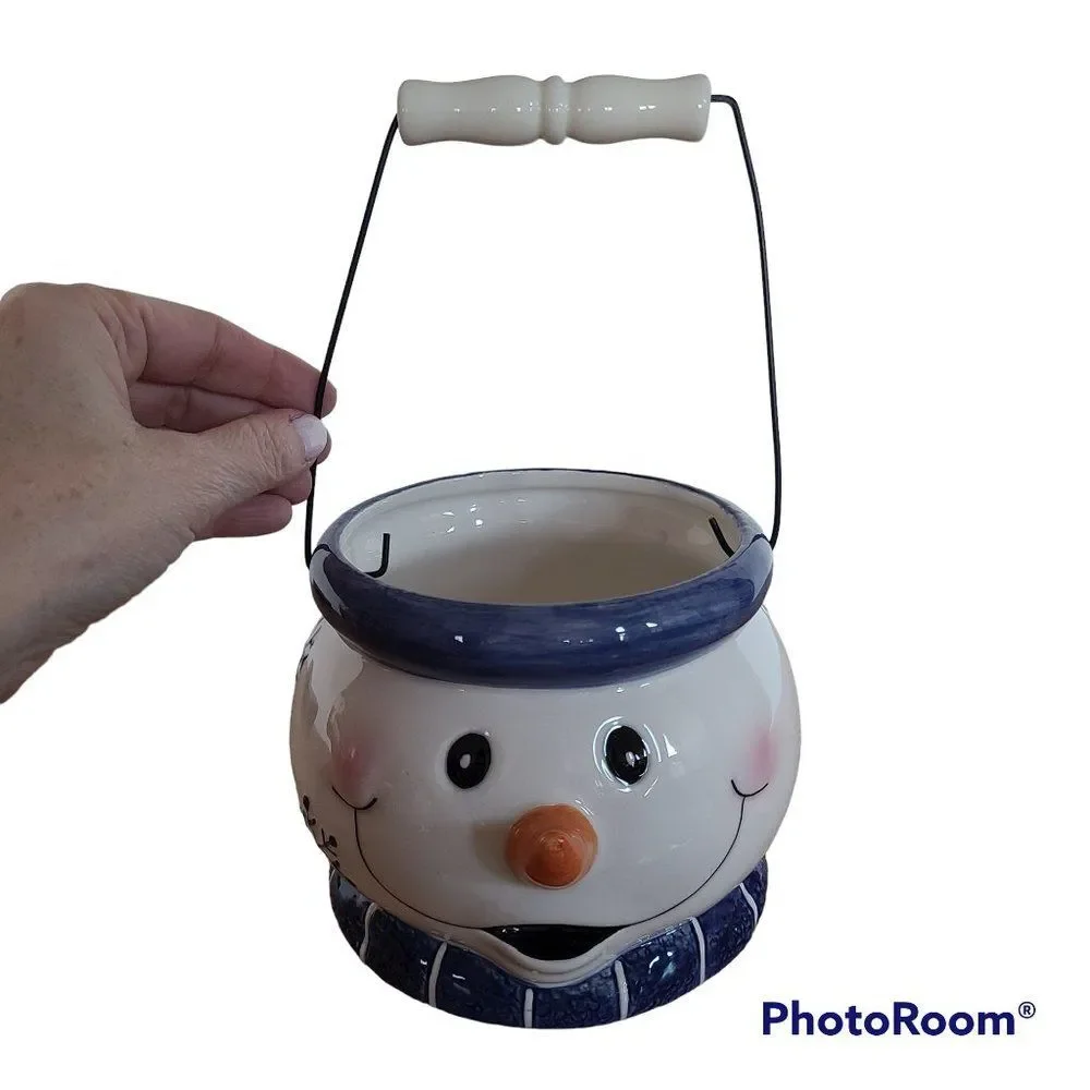 Ceramic Cheery Winter Snowman Bucket Pail Christmas Décor Vintage